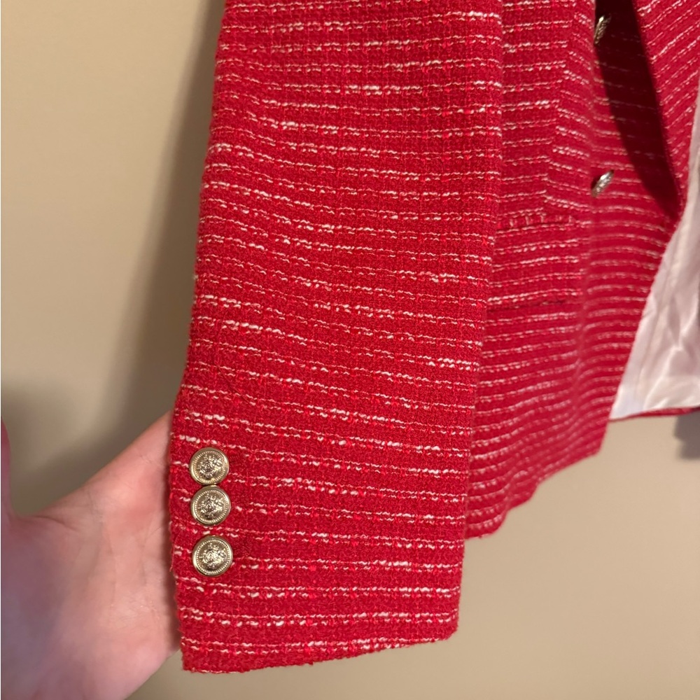 Zara Red Tweed Double-Breasted Bouclé Blazer - Picture 5 of 10